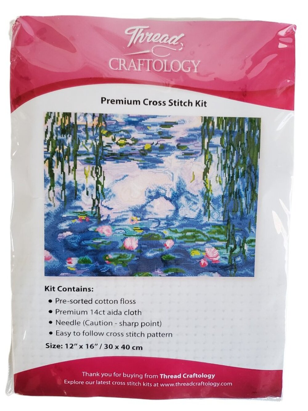 Premium Cross Stitch Kit Sampler Water Lilies Flower 12" x 16" Craft Hobbyist